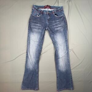 Queen Maker Low Rise Flare Jeans Blue Stretch Y2K Embroidered Pockets Sz 3